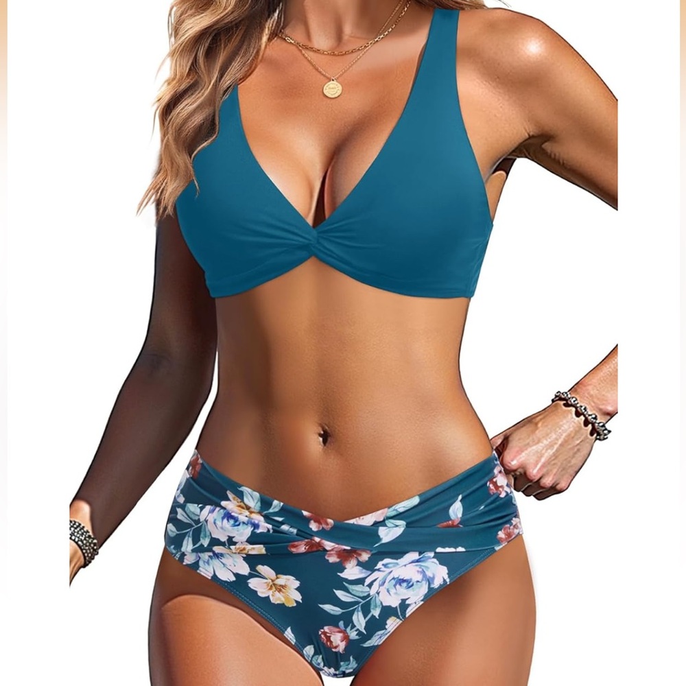 Teal Floral Twist-Front Bikini Set - Women Swim